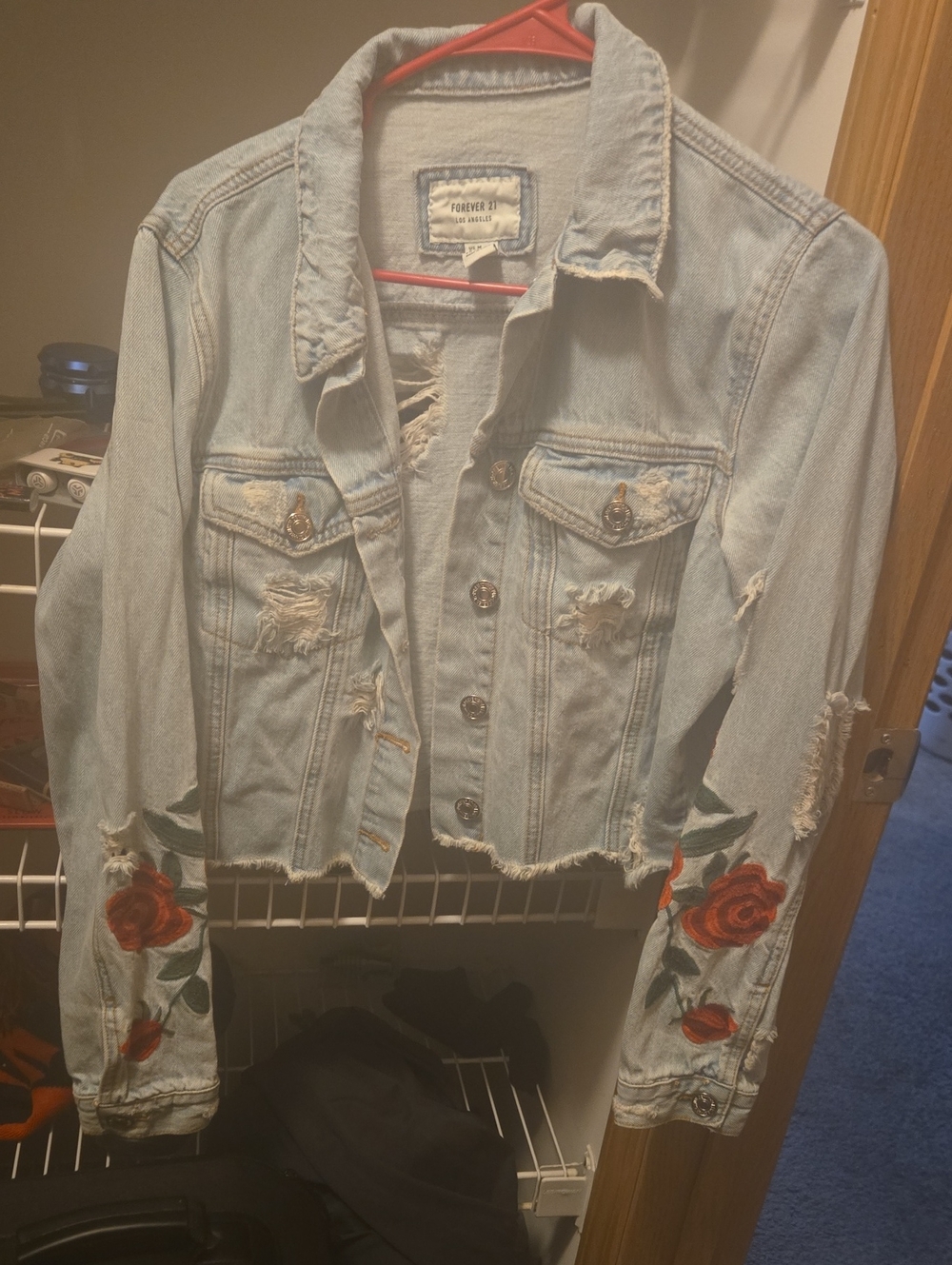 Forever 21 Light Wash Denim Jacket with Red Rose Embroidery